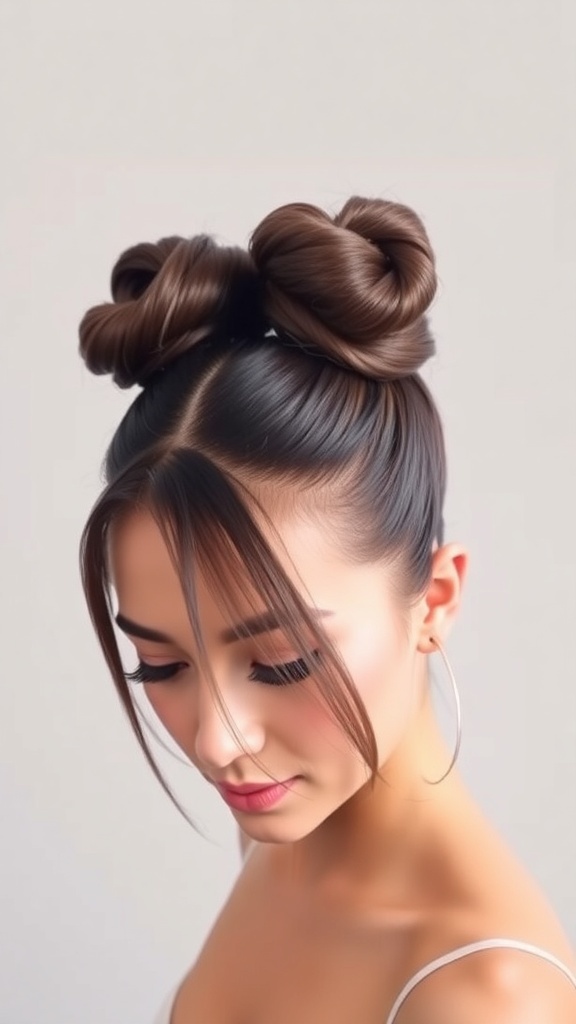 A trendy double bun hairstyle with two high buns, showcasing a playful and casual look.